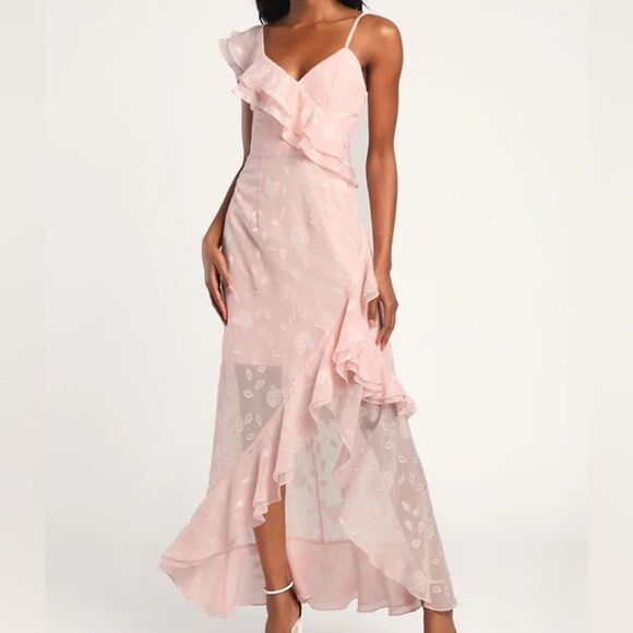 Forever Blush Pink Floral Jacquard Ruffled Maxi Dress - Picture 1 of 5